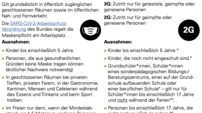 Informationen zur Maskenpflicht und 3G/2G-Regelungen mit Ausnahmen für Kinder und bestimmte Personengruppen in Deutschland.