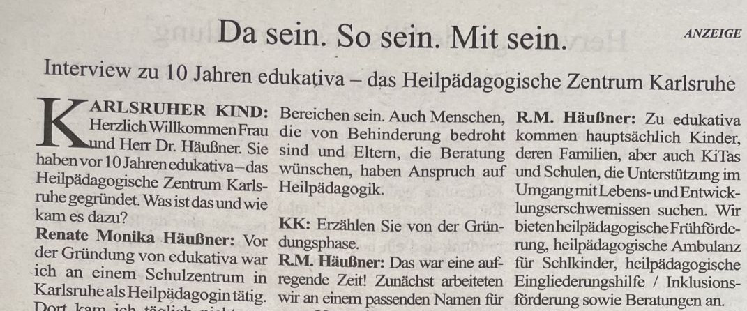Eine Zeitungsanzeige des "Karlsruher Kind" zeigt ein Interview über das heilpädagogische Zentrum mit einem Foto des edukativa-Teams.